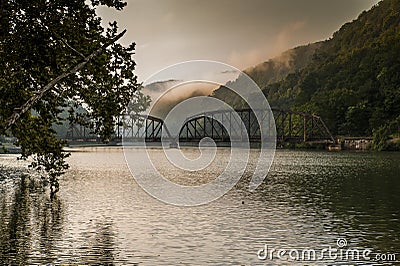 Morning View of New River Railroad Bridge - West Virginia Stock Photo