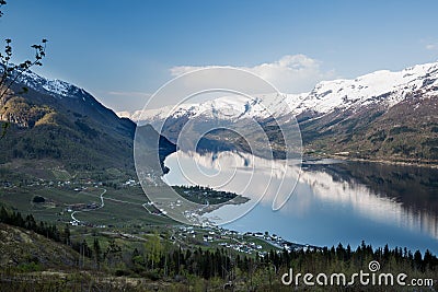 Morning view of Lofthus and Sorfjorden southern branch of Hardangerfjord, Hordaland, Norway Stock Photo