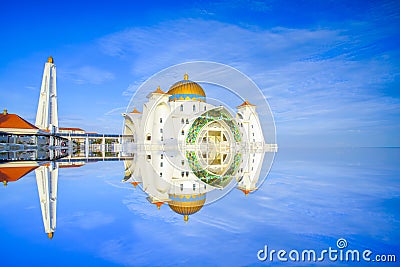 Morning view at Malacca Straits Mosque Masjid Selat Melaka Stock Photo