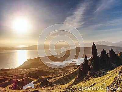Morning view of Old Man of Storr rocks formation and lake Scotland Stock Photo