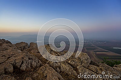 Morning view at morning sunrice from Mount Precipice on a nearby valley near Nazareth in Israel Stock Photo