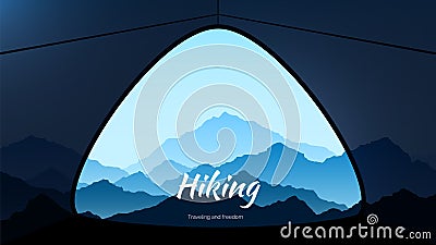 Morning view from tent in mountains. Hiking and extreme tourism. vector Vector Illustration