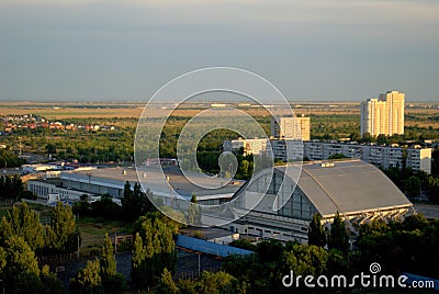 Morning view of the universal sports complex Olympus and new buildings on Sportivnaya street. Editorial Stock Photo