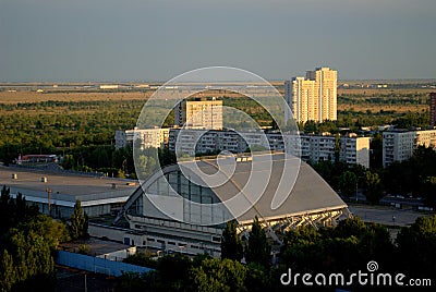 Morning view of the universal sports complex "Olympus" and new buildings on Sportivnaya street. Stock Photo