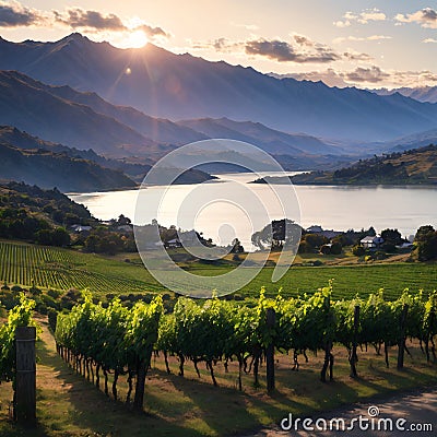 Morning on vineyard at Lake Wanaka, Otago, New Zealand made with Generative AI Stock Photo