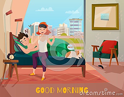 Morning Waking Of Couple Illustration Vector Illustration