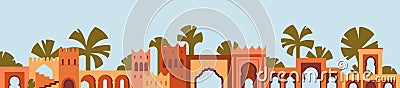 Moroccan architecture banner. Morocco building border, long oriental Arab background. Maroc, Marrakech, Medina houses Vector Illustration
