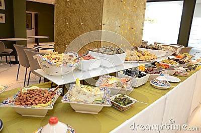 Moroccan buffet, traditional Moroccan food, tagine, chebakia, and Arabic sweets Stock Photo