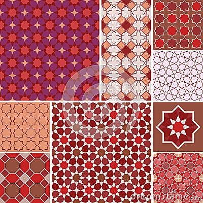 Moroccan collection seamless pattern, Morocco. Patchwork mosaic traditional folk geometric ornament red pink brown claret. Tribal Vector Illustration