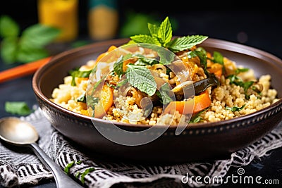 moroccan couscous bowl garnished with fresh mint Stock Photo