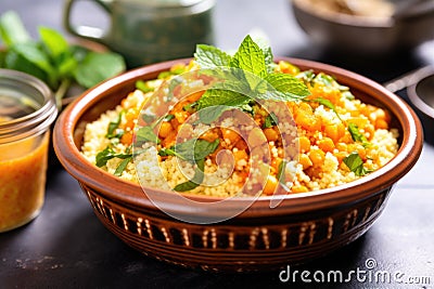 moroccan couscous bowl garnished with fresh mint Stock Photo