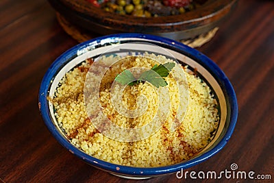 Moroccan Couscous Bowl, Traditional Cuscus, Moroccan Bulgur, Healthy Arabic Food, Moroccan Couscous Stock Photo