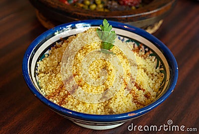 Moroccan Couscous Bowl, Traditional Cuscus, Moroccan Bulgur, Healthy Arabic Food, Moroccan Couscous Stock Photo