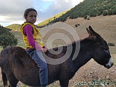 Moroccan Girl riding donkey Northern Morocco Editorial Stock Photo