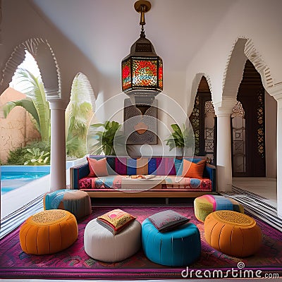 A Moroccan-inspired lounge with vibrant rugs, poufs, mosaic tables, and intricate lanterns casting colorful patterns1 Stock Photo