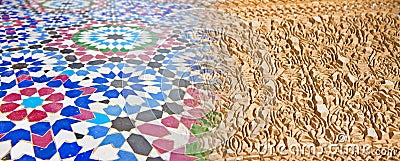 Moroccan mosaics with small geometric elements of colored ceramic - construction phase and final result Morocco - Africa Stock Photo