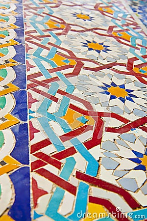 Moroccan mosaics with small geometric elements of colored ceramic Morocco - Africa Stock Photo