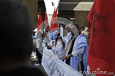 The Moroccan people participate in demonstrations demanding the Moroccan Sahara Editorial Stock Photo