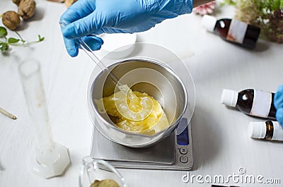 Moroccan soap preparation. Natural cosmetics recipe. Essential o Stock Photo