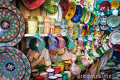 Moroccan souk crafts souvenirs in medina, Essaouira, Morocco Stock Photo