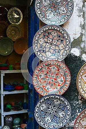 Moroccan souk crafts souvenirs in medina, Essaouira, Morocco Stock Photo