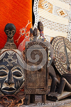 Moroccan souk crafts souvenirs in medina, Essaouira, Morocco Stock Photo