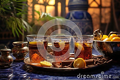 moroccan tea glasses with steam rising against a backdrop of moroccan tiles Stock Photo