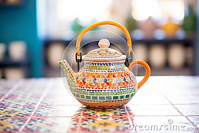 moroccan themed teapot placed on colourful ceramic tiles Stock Photo