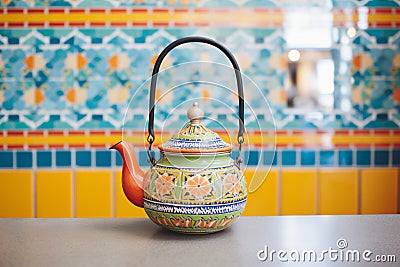 moroccan themed teapot placed on colourful ceramic tiles Stock Photo