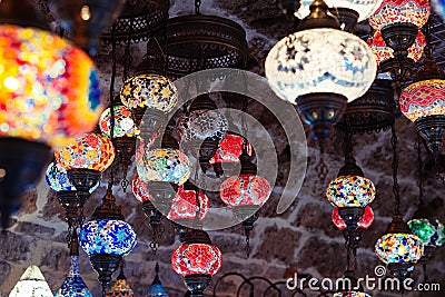 Moroccan or Turkish mosaic lamps and lanterns Stock Photo