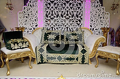 Moroccan wedding decor. Bride`s chair. Wedding traditions in the Maghreb Editorial Stock Photo