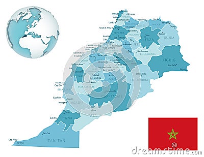 Morocco administrative blue-green map with country flag and location on a globe. Vector Illustration