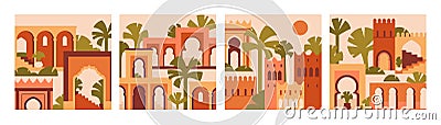 Morocco architecture cards set. Moroccan buildings, square backgrounds. Abstract ancient Marrakech and Medina cities Vector Illustration