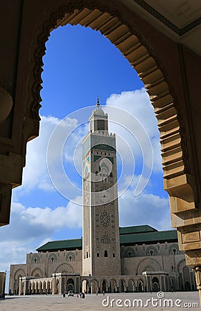 Morocco, Casablanca. Hassan II Mosque minaret framed by an arch. Editorial Stock Photo