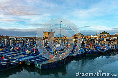 Morocco. Essaouira. Typical blue fishing boats Editorial Stock Photo