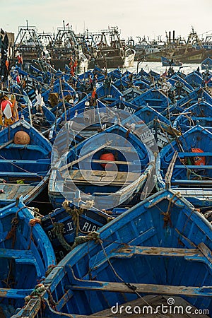 Morocco. Essaouira. Typical blue fishing boats Editorial Stock Photo