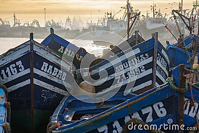 Morocco. Essaouira. Typical blue fishing boats Editorial Stock Photo