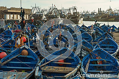 Morocco. Essaouira. Typical blue fishing boats Editorial Stock Photo