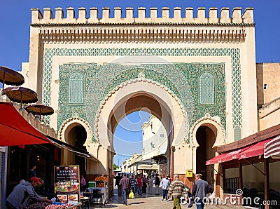 Morocco Fez. Bab Bou Jeloud, the blue gate to Medina Editorial Stock Photo