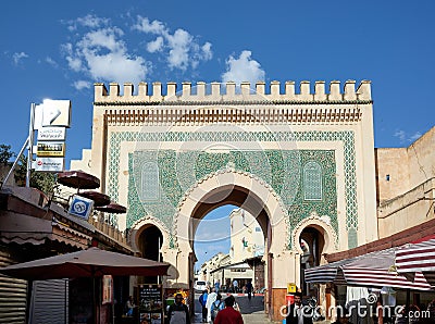 Morocco Fez. Bab Bou Jeloud, the blue gate to Medina Editorial Stock Photo