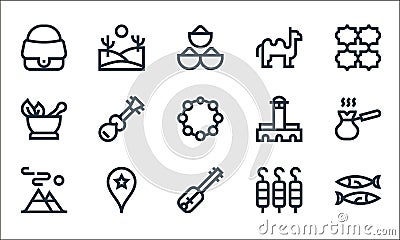 morocco line icons. linear set. quality vector line set such as sardines, guembri, mountain, kefta, morocco, herbal, hassan mosque Vector Illustration