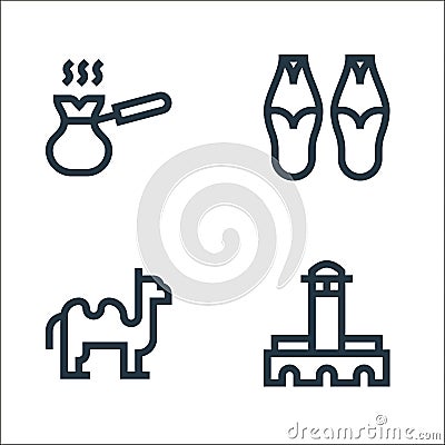 morocco line icons. linear set. quality vector line set such as hassan mosque, camel, slippers Vector Illustration