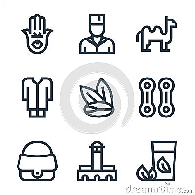 morocco line icons. linear set. quality vector line set such as herbal tea, hassan mosque, handbag, qarqaba, argan, tunic, camel, Vector Illustration