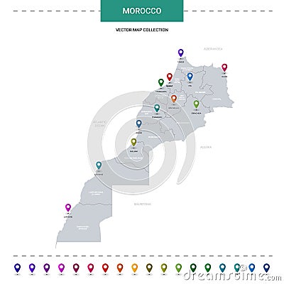 Morocco map with location pointer marks. Vector Illustration