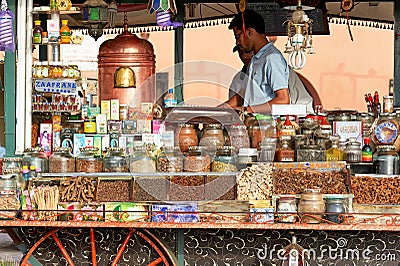 Morocco Marrakesh. Tea and spices stall at the market Editorial Stock Photo