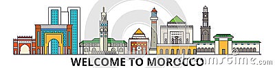 Morocco outline skyline, Moroccan flat thin line icons, landmarks, illustrations. Morocco cityscape, Moroccan travel Vector Illustration