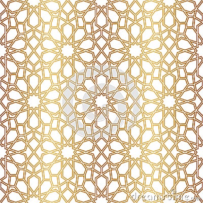 Morocco seamless pattern. Gold ottoman motif. Golden islamic background. Repeated arabic star patern. Repeating traditional girih Vector Illustration