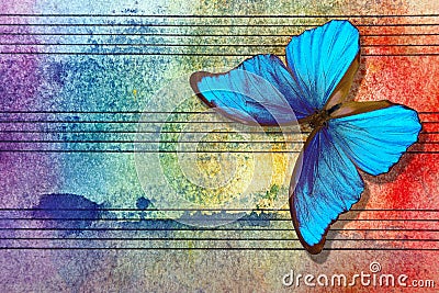 Morpho blue butterfly and notes. Butterfly melody. Photo of old music sheet in blue watercolor paint. Abstract watercolor backgrou Stock Photo