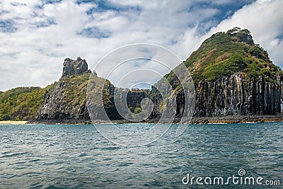 Morro Dois Irmaos view from a Boat in the Inner Sea Mar de Dentro - Fernando de Noronha, Pernambuco, Brazil Stock Photo