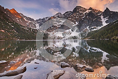 Morskie Oko lake in Poland at sunset Stock Photo